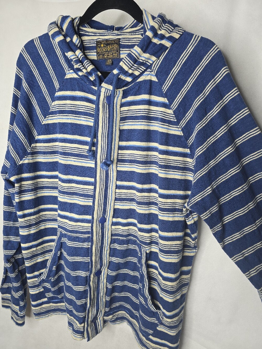Lucky Brand Mixed Stripe Hoodie Blue Ivory Full Snap Front Raglan Sleeve L